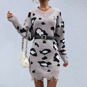 Women's V-neck leopard print knit dress with long sleeves and distressed hem details