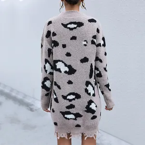 Loose leopard print knitted dress featuring distressed hem and casual long sleeves for women