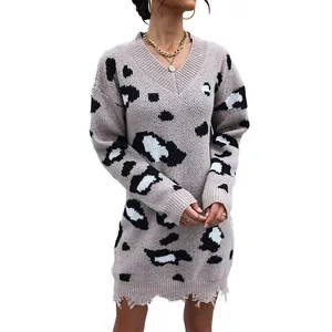 Loose-fit leopard print knit sweater dress with distressed hem and elegant V-neck design