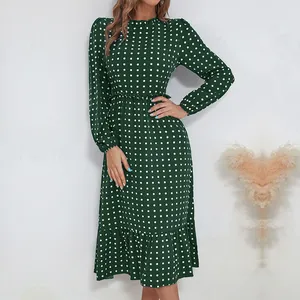 Robe Midi Vintage à Pois pour Femmes Élégante Col Rond Manches Longues Froncée Taille Haute Ourlet à Volants Robe de Soirée
