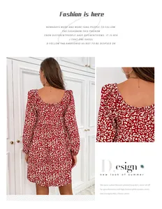 Detail of red floral print dress featuring square neckline and elegant open back design