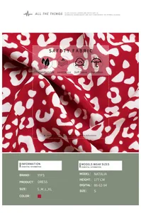Detail of red leopard print dress fabric showing soft breathable texture and sizing info