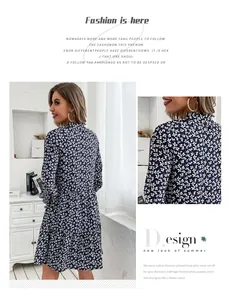 Detail of floral long-sleeve dress with ruffled layers and delicate plum blossom pattern