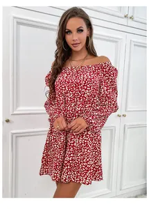 Detail of off-the-shoulder neckline and red leopard print on this long sleeve mini dress