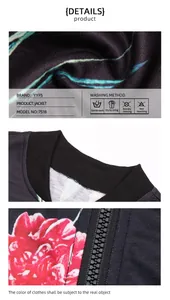 Close-up of ribbed neckline and black zipper on floral print bomber jacket for women
