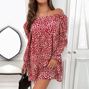 Women's Off Shoulder Leopard Print Mini Dress Elegant Fall Long Sleeve Loose Ruffle Tunic Dress For Casual Party Vacation