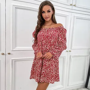 Off-the-shoulder leopard print dress in red and white with long sleeves and mini hem