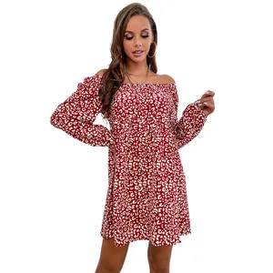 Women's off-shoulder red leopard print baby doll dress with long sleeves and loose fit