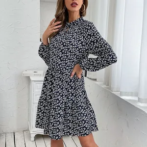 Women's Vintage Floral Long Sleeve Dress Keyhole Neck Tiered A-Line Midi Dress Polyester Spring Fall Casual Party Wear