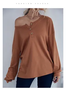 Détail du tricot gaufré et du col Henley sur un haut à manches longues marron