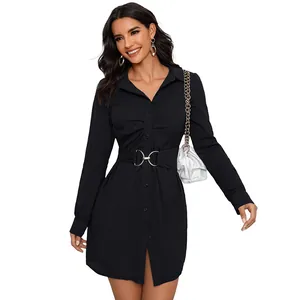 Slim fit black long sleeve shirt dress with lapel collar and metal buckle waist belt