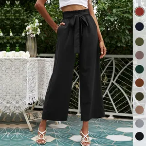 Pantaloni da Donna a Gamba Larga a Vita Alta Con Cintura Vita Paperbag Pantaloni Casual Nove-Punti Moda Estiva Tinta Unita Culottes