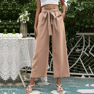 Pantaloni kaki a vita alta gamba larga da donna con elegante cintura a fiocco