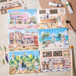 Artistic collection of 6 hand-drawn scenery stickers featuring cafes and forest camping scenes