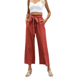 Pantaloni a vita alta da donna a gamba larga color ruggine con cintura in vita abbinata