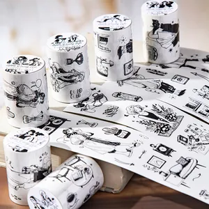 Little Daily Life Series Black And White Character Washi Tape White Kraft Paper Die Cut Decorative Tape For Scrapbooking Journaling
