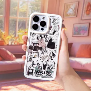 White iPhone case with black and white manga lifestyle illustrations and lens protection