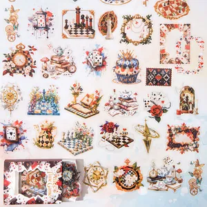 100pcs Alice's Time Game vintage sticker set with clocks and playing cards motifs