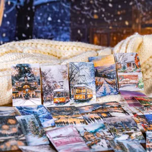 Winter scenery stickers set with snowy landscapes and vintage trams on knit background