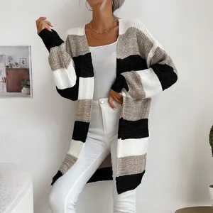 Women's long-line chunky knit cardigan in black, white, and brown wide stripes