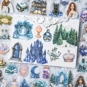 Winter magic themed sticker set featuring blue castles, crystal clusters and forest motifs