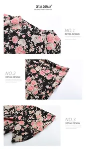 Detailed close-up of floral pleated dress showing round neck button and ruffle cuff design