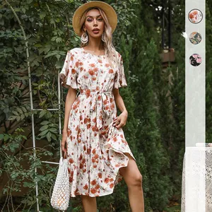 Women Summer Floral Ruffle Sleeve Midi Pleated Dress Bohemian Vintage Tie Waist Round Neck A-Line Vacation Party Dress