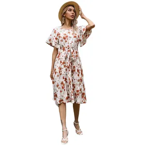Women's summer floral pleated midi dress with ruffle sleeves and waist tie in orange