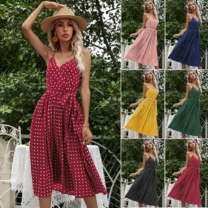 Women Polka Dot V Neck Spaghetti Strap Pleated Midi Dress With Belt Summer Casual Chiffon Style A-Line Sleeveless Dress