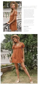 Detail of terracotta V-neck cotton linen dress featuring buttons and functional pockets