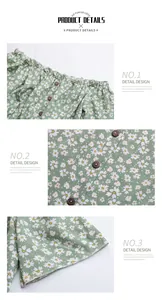 Detail of floral off-shoulder dress featuring wooden buttons and elastic ruffled neckline