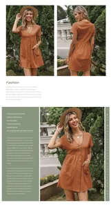 Detail of V-neck cotton linen dress featuring front buttons and functional side pockets