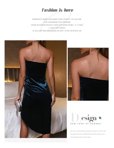 Gros plan sur le tissu en velours bleu foncé luxueux et l'ourlet irrégulier de la robe