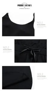 Detail view of U-neckline and elegant black satin waist bow on this chic summer dress