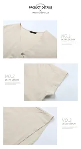 Detail view of the V-neckline and natural cotton linen texture on a short sleeve shirt