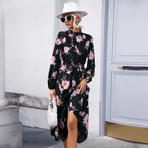 Robe Longue Maxi Ligne A en Mousseline Imprimé Floral Col Montant Manches Longues Taille Haute Élégante pour Femmes