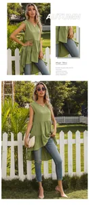 Detail of avocado green sleeveless top with ruffled layered hem and asymmetrical V-neckline