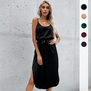 Women Elegant Spaghetti Strap Satin Midi Dress Solid Color Side Slit Sleeveless Tie Waist Party Evening Cami Dress