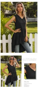 Detail of black V-neck sleeveless chiffon top with tiered ruffle hem and high-low silhouette