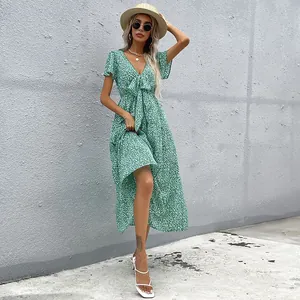 Damen Sommer Blumenmuster V-Ausschnitt Kleid Flügelärmel Schleife A-Linie Midi Kleid Casual Strandurlaub Holiday Sommerkleid