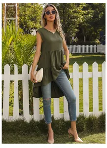 Detail of army green sleeveless V-neck top with layered ruffle asymmetrical hemline