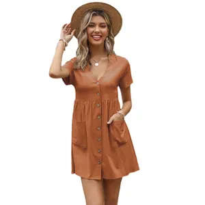 Women's orange cotton linen V-neck short sleeve button down shirt dress with pockets