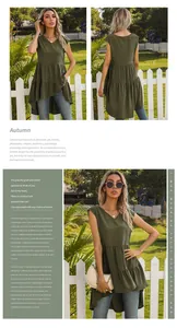 Detailed views of olive green sleeveless tiered top with ruffled hem and V-neckline