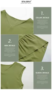 Detail view of the V-neckline and layered ruffle hem on a green sleeveless summer top