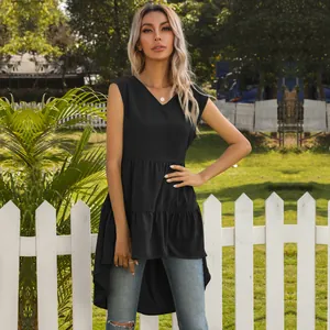 Sleeveless V-neck black ruffle tunic top with asymmetrical layered hem and casual style