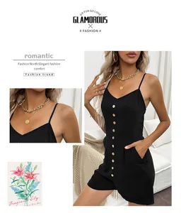 Detail of black V-neck romper featuring a decorative button front and convenient side pockets