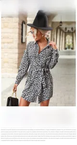 Close-up of leopard print shirt dress with tie-waist belt and long sleeves for women