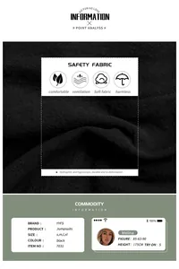 Detail view of product specifications and breathable black jumpsuit fabric features