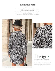 Detail of leopard print shirt dress featuring a turn-down collar and waist tie belt