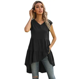 Women's black sleeveless V-neck chiffon layered tunic top with asymmetrical hemline